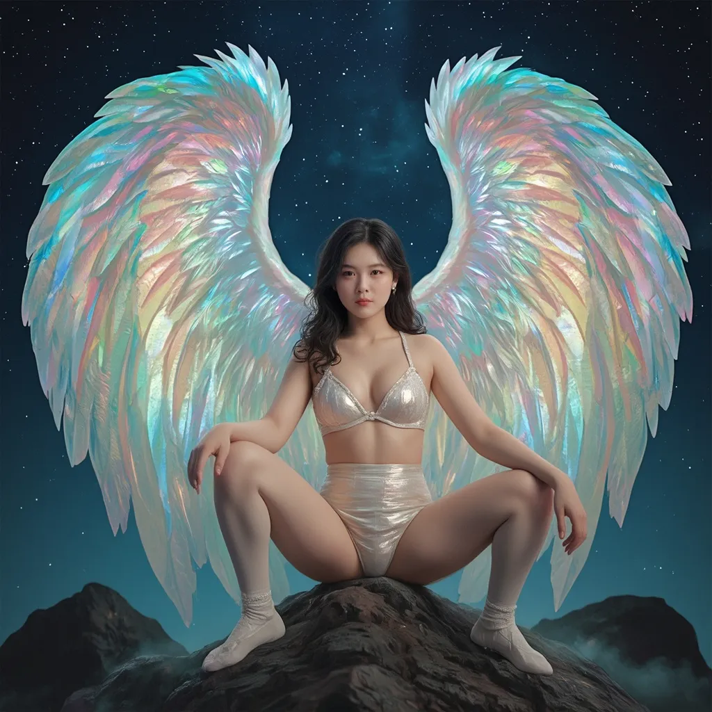 Prompt: fantastic fantasy art, young korean woman with gigantic colourful semi-transparent angel wings, tight pearly outfit (short skirt, crop-top, belly-baring, decollete), sitting on a rock with spreded wide open legs, arms casually resting on her knees, beaded white decorated stockings, chubby thighs, dark night with a magnificent starry sky in the background, hard spotlight lighting giving the picture a certain drama.
AI defined exquisitely beautiful, totally ultra realistic young adult Korean, gorgeously detailed facial features, sumptuous cleavage, perfect body proportions, ultra pale, ultra glamorous, chubby, fat, perfect shading, impeccable contrast, HDR, UHD, high res, 64k