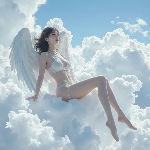 Prompt: A Korean woman angel sitting on a cloud on a sky wearing only a Garter belt and stockings, full body, photo, 
visible thighs, hyper detailed, ultra realistic, highly detailed, AI defined exquisitely beautiful, totally ultra realistic young adult Korean, gorgeously detailed facial features, perfect body proportions, ultra pale, ultra glamorous, HDR, UHD, high res, 64k, cinematic lighting, special effects, hd octaneArtgerm