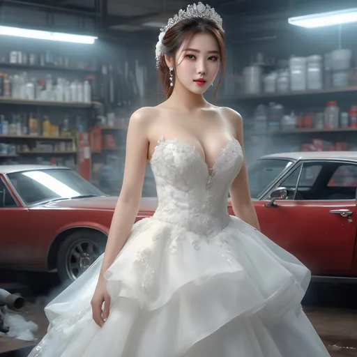 Prompt: splash art, hyper detailed, ultra realistic, highly detailed, surreal heavy mist, AI defined exquisitely beautiful, totally ultra realistic young adult Korean, gorgeously detailed facial features, sumptuous cleavage, perfect body proportions, ultra pale, ultra glamorous bride, walking in a car repair shop, Oil stains on clothes and skin, 

HDR, UHD, high res, 64k, cinematic lighting, special effects, hd octaneArtgerm