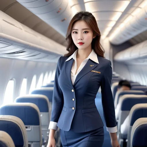 Prompt: splash art, hyper detailed, ultra realistic, highly detailed, surreal heavy mist, Detailed full body depiction, AI defined exquisitely beautiful, totally ultra realistic young adult Korean, gorgeously detailed facial features, sumptuous cleavage, perfect body proportions, ultra pale, ultra glamorous stewardess, walking in a airplane, Blouse and stockings, 
HDR, UHD, high res, 64k, hd octaneArtgerm