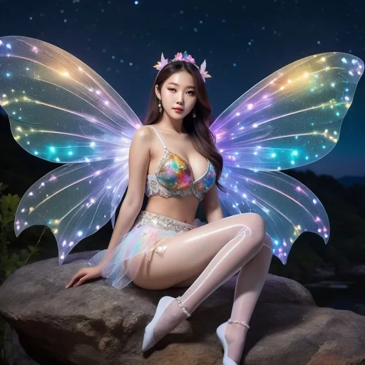 Prompt: fantastic fantasy art, young korean woman with gigantic colourful semi-transparent fairy wings, tight pearly outfit (short skirt, crop-top, belly-baring, decollete), sitting on a rock with spreded wide open legs, arms casually resting on her knees, beaded white decorated stockings, chubby thighs, dark night with a magnificent starry sky in the background, hard spotlight lighting giving the picture a certain drama.
AI defined exquisitely beautiful, totally ultra realistic young adult Korean, gorgeously detailed facial features, sumptuous cleavage, perfect body proportions, ultra pale, ultra glamorous, perfect shading, impeccable contrast, HDR, UHD, high res, 64k