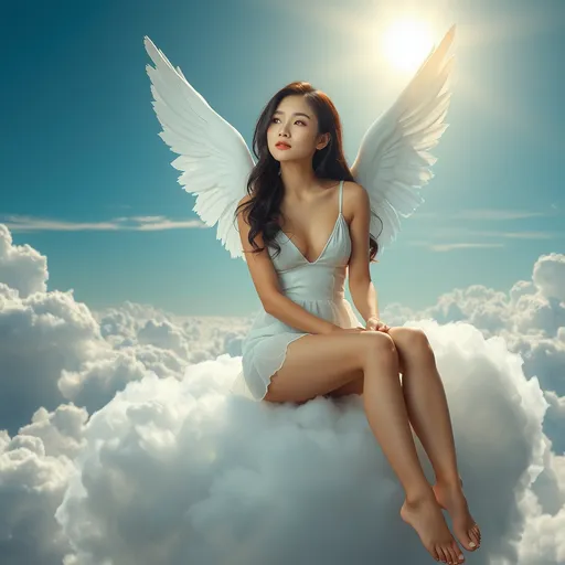 Prompt: A Korean woman angel sitting on a cloud on a sky wearing only a slips, full body, photo, 
visible thighs, hyper detailed, ultra realistic, highly detailed, AI defined exquisitely beautiful, totally ultra realistic young adult Korean, gorgeously detailed facial features, perfect body proportions, ultra pale, ultra glamorous, HDR, UHD, high res, 64k, cinematic lighting, special effects, hd octaneArtgerm