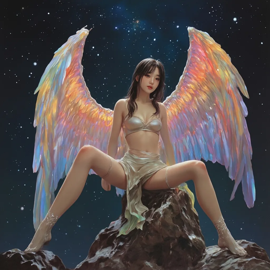 Prompt: fantastic fantasy art, young korean woman with gigantic colourful semi-transparent angel wings, tight pearly outfit (short skirt, crop-top, belly-baring, decollete), sitting on a rock with spreded wide open legs, arms casually resting on her knees, beaded white decorated stockings, chubby thighs, dark night with a magnificent starry sky in the background, hard spotlight lighting giving the picture a certain drama.
AI defined exquisitely beautiful, totally ultra realistic young adult Korean, gorgeously detailed facial features, sumptuous cleavage, perfect body proportions, ultra pale, ultra glamorous, chubby, fat, perfect shading, impeccable contrast, HDR, UHD, high res, 64k