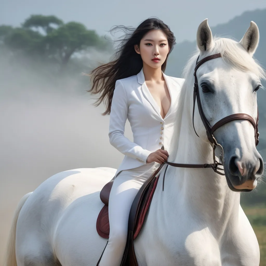 Prompt: Beautiful woman riding a white horse,
hyper detailed, ultra realistic, highly detailed, surreal heavy mist, AI defined exquisitely beautiful, totally ultra realistic young adult Korean, gorgeously detailed facial features, sumptuous cleavage, perfect body proportions, ultra pale, ultra glamorous, perfect shading, impeccable contrast, HDR, UHD, high res, 64k