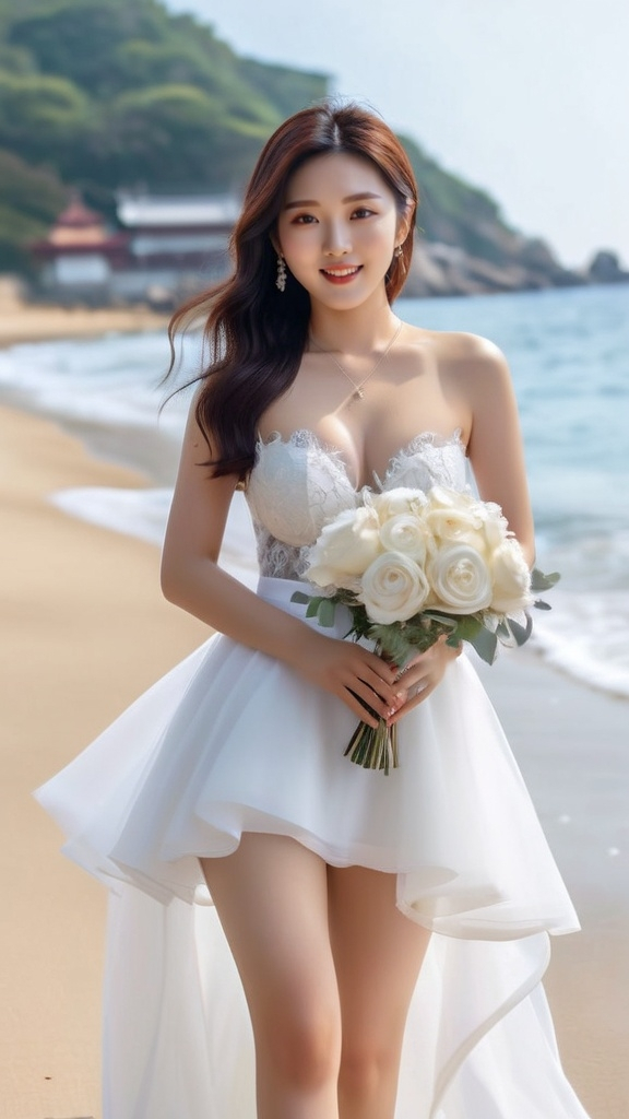 Prompt: Cute and glamorous 20-something Korean woman
Photoshoot wearing see-through mini wedding dress, garter belt, and high heels
Smiling expression
Outfit that emphasizes glamorous body
Clothing is a bit small
Chest sticks out
Holding a small bouquet in one hand.
A dazzlingly beautiful Korean woman in her 20s taking off her wedding dress on the beach
Thighs visible
Wearing a garter belt
splash art, hyper detailed, ultra realistic, highly detailed, surreal heavy mist, AI defined exquisitely beautiful, totally ultra realistic young adult Korean, gorgeously detailed facial features, sumptuous cleavage, perfect body proportions, ultra pale, ultra glamorous, perfect shading, impeccable contrast, HDR, UHD, high res, 64k