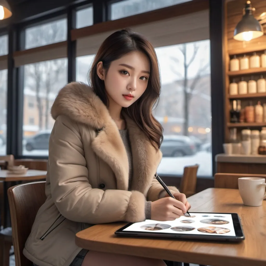 Prompt: A female artist drawing on a tablet in a cafe on a cold winter day is wearing a short fur jacket, miniskirt, and long boots.

AI defined exquisitely beautiful, totally ultra realistic young adult Korean, gorgeously detailed facial features,  perfect body proportions, ultra pale, ultra glamorous, perfect shading, impeccable contrast, HDR, UHD, high res, 64k