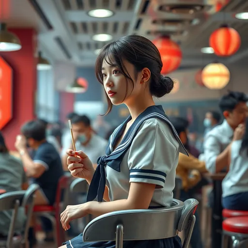 Prompt: An 20-year-old japanese cute girl wearing a mini school uniform sitting on a high chair in a crowded restaurant waiting for food, deep cleavage, side view. full body

natural lighting, hyper detailed, ultra realistic, highly detailed, surreal heavy mist, AI defined exquisitely beautiful, totally ultra realistic, young adult japanese, gorgeously detailed facial features, sumptuous cleavage, perfect body proportions, ultra pale, ultra glamorous, perfect shading, impeccable contrast, HDR, UHD, high res, 64k