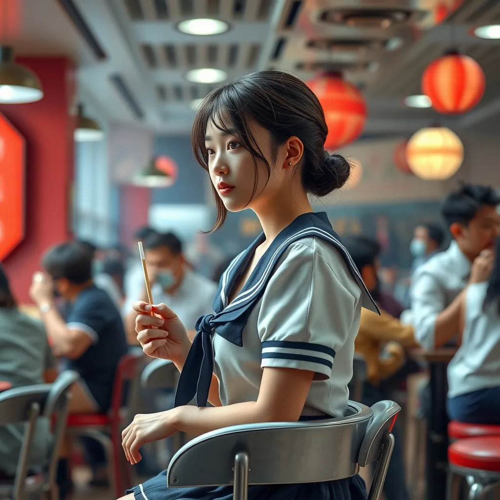 Prompt: An 20-year-old japanese cute girl wearing a mini school uniform sitting on a high chair in a crowded restaurant waiting for food, deep cleavage, side view. full body

natural lighting, hyper detailed, ultra realistic, highly detailed, surreal heavy mist, AI defined exquisitely beautiful, totally ultra realistic, young adult japanese, gorgeously detailed facial features, sumptuous cleavage, perfect body proportions, ultra pale, ultra glamorous, perfect shading, impeccable contrast, HDR, UHD, high res, 64k