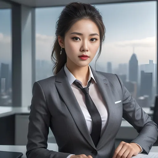 Prompt: splash art, hyper detailed, ultra realistic, highly detailed, surreal heavy mist, AI defined exquisitely beautiful, totally ultra realistic young adult Korean, gorgeously detailed facial features, sumptuous cleavage, perfect body proportions, ultra pale, ultra glamorous, CEO in suit in city view office in high rise building

Perfect studio lighting, perfect shading, impeccable contrast, HDR, UHD, high res, 64k