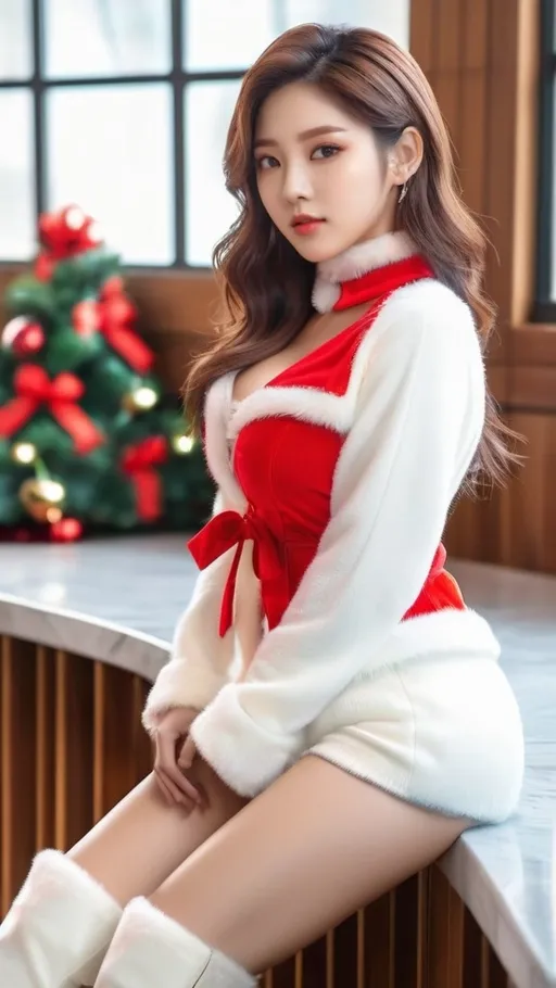 Prompt: full body photoshoot, cute, christmas outfit, kpop IDOL, full body, heel boots, 
AI defined exquisitely beautiful, totally ultra realistic young adult Korean, gorgeously detailed facial features, sumptuous cleavage, perfect body proportions, ultra pale, ultra glamorous, perfect shading, impeccable contrast, HDR, UHD, high res, 64k