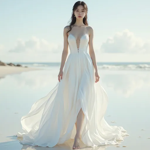 Prompt: hyper detailed, ultra realistic, highly detailed, AI defined exquisitely beautiful, totally ultra realistic young adult Korean, gorgeously detailed facial features, sumptuous cleavage, perfect body proportions, ultra pale, ultra glamorous bride, walking in a serene beach, Wet feet and dress, 

HDR, UHD, high res, 64k, cinematic lighting, special effects, hd octaneArtgerm