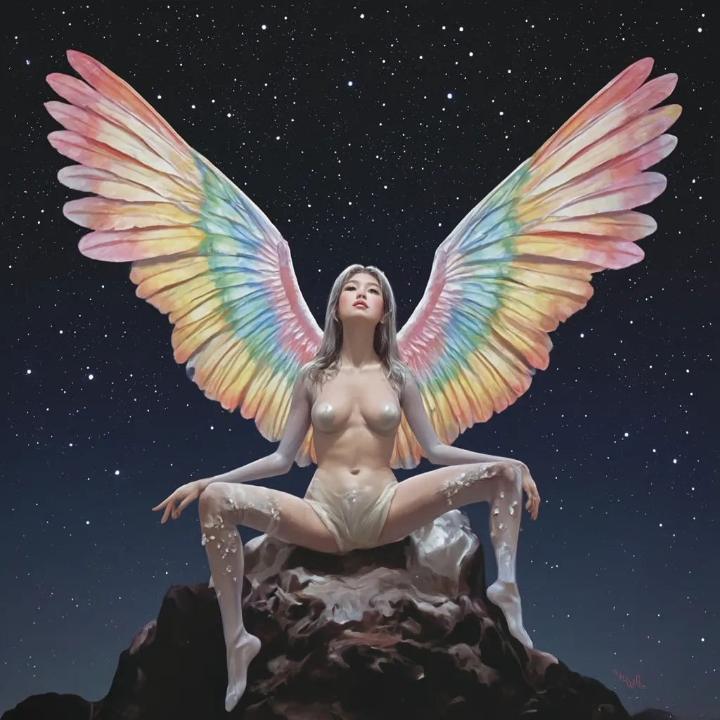 Prompt: fantastic fantasy art, young korean woman with gigantic colourful semi-transparent angel wings, tight pearly outfit (short skirt, crop-top, belly-baring, decollete), sitting on a rock with spreded wide open legs, arms casually resting on her knees, beaded white decorated stockings, chubby thighs, dark night with a magnificent starry sky in the background, hard spotlight lighting giving the picture a certain drama.
AI defined exquisitely beautiful, totally ultra realistic young adult Korean, gorgeously detailed facial features, sumptuous cleavage, perfect body proportions, ultra pale, ultra glamorous, chubby, fat, perfect shading, impeccable contrast, HDR, UHD, high res, 64k