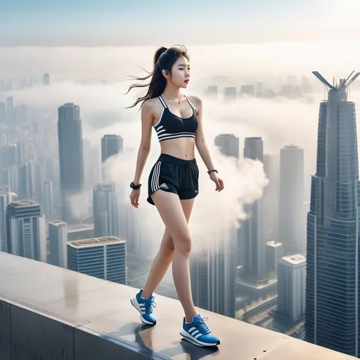 Prompt: korean Adidas clothing model in advertisement, running shoes, 
She stands on top of a skyscraper and looks out over the city.
Sunny weather,

Full body shot, hyper detailed, ultra realistic, highly detailed, surreal heavy mist, AI defined exquisitely beautiful, totally ultra realistic young adult Korean, gorgeously detailed facial features, sumptuous cleavage, perfect body proportions, ultra pale, ultra glamorous, perfect shading, impeccable contrast, HDR, UHD, high res, 64k