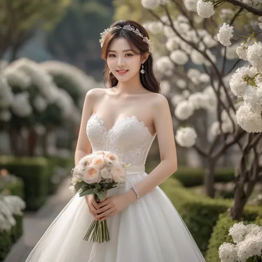 Prompt: Cute and glamorous 20-something Korean woman, very beautiful, baby face, Photoshoot wearing see-through mini wedding dress, garter belt, and high heels
Smiling expression, Outfit that emphasizes glamorous body, Clothing is a bit small, Chest sticks out, Holding a small bouquet in one hand. full body, 
A dazzlingly beautiful Korean woman in her 20s taking off her wedding dress in a flower garden.
Thighs visible, Wearing a garter belt, 
hyper detailed, ultra realistic, highly detailed, surreal heavy mist, AI defined exquisitely beautiful, totally ultra realistic young adult Korean, gorgeously detailed facial features, sumptuous cleavage, perfect body proportions, ultra pale, ultra glamorous, perfect shading, impeccable contrast, HDR, UHD, high res, 64k