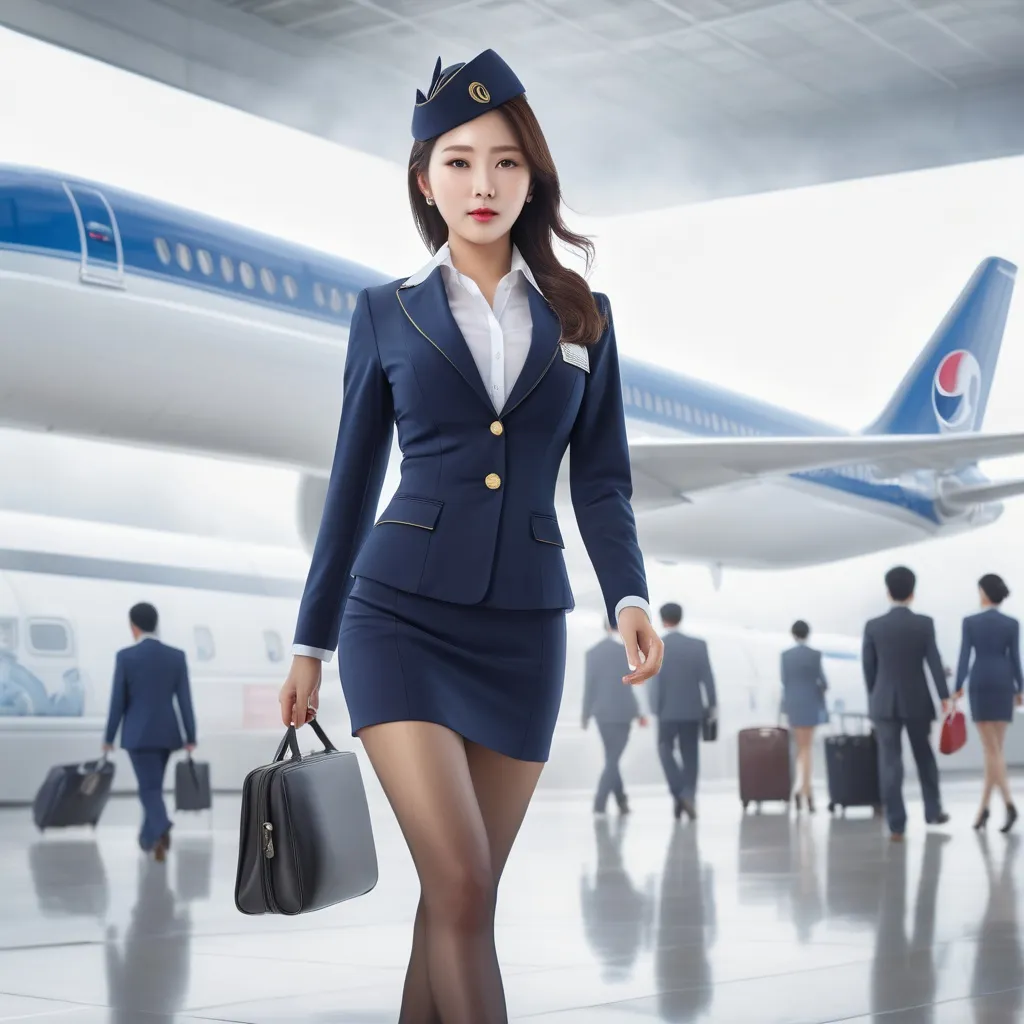 Prompt: splash art, hyper detailed, ultra realistic, highly detailed, surreal heavy mist, Detailed full body depiction, AI defined exquisitely beautiful, totally ultra realistic young adult Korean, gorgeously detailed facial features, sumptuous cleavage, perfect body proportions, ultra pale, ultra glamorous stewardess, walking in a airport, Blouse and stockings, 
HDR, UHD, high res, 64k, hd octaneArtgerm