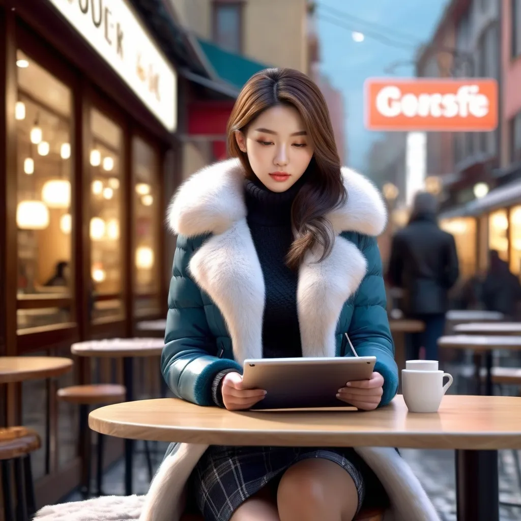 Prompt: A female artist drawing on a tablet in a cafe on a cold winter day is wearing a short fur jacket, miniskirt, and knee-high long boots.

AI defined exquisitely beautiful, totally ultra realistic young adult Korean, gorgeously detailed facial features,  perfect body proportions, ultra pale, ultra glamorous, perfect shading, impeccable contrast, HDR, UHD, high res, 64k