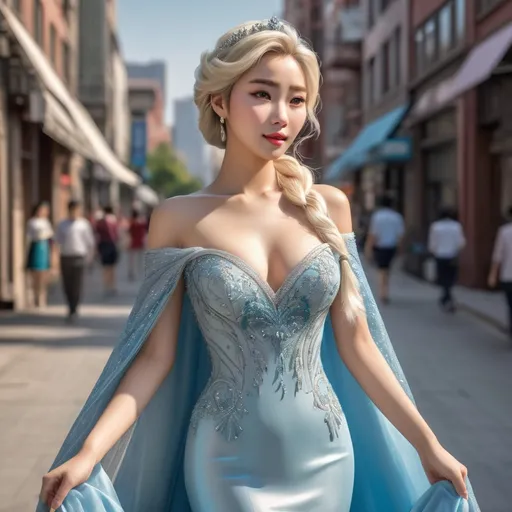 Prompt: Full body shot of Elsa wearing, in the city
AI defined exquisitely beautiful, totally ultra realistic young adult Korean, gorgeously detailed facial features, sumptuous cleavage, perfect body proportions, ultra pale, ultra glamorous, perfect shading, impeccable contrast, HDR, UHD, high res, 64k