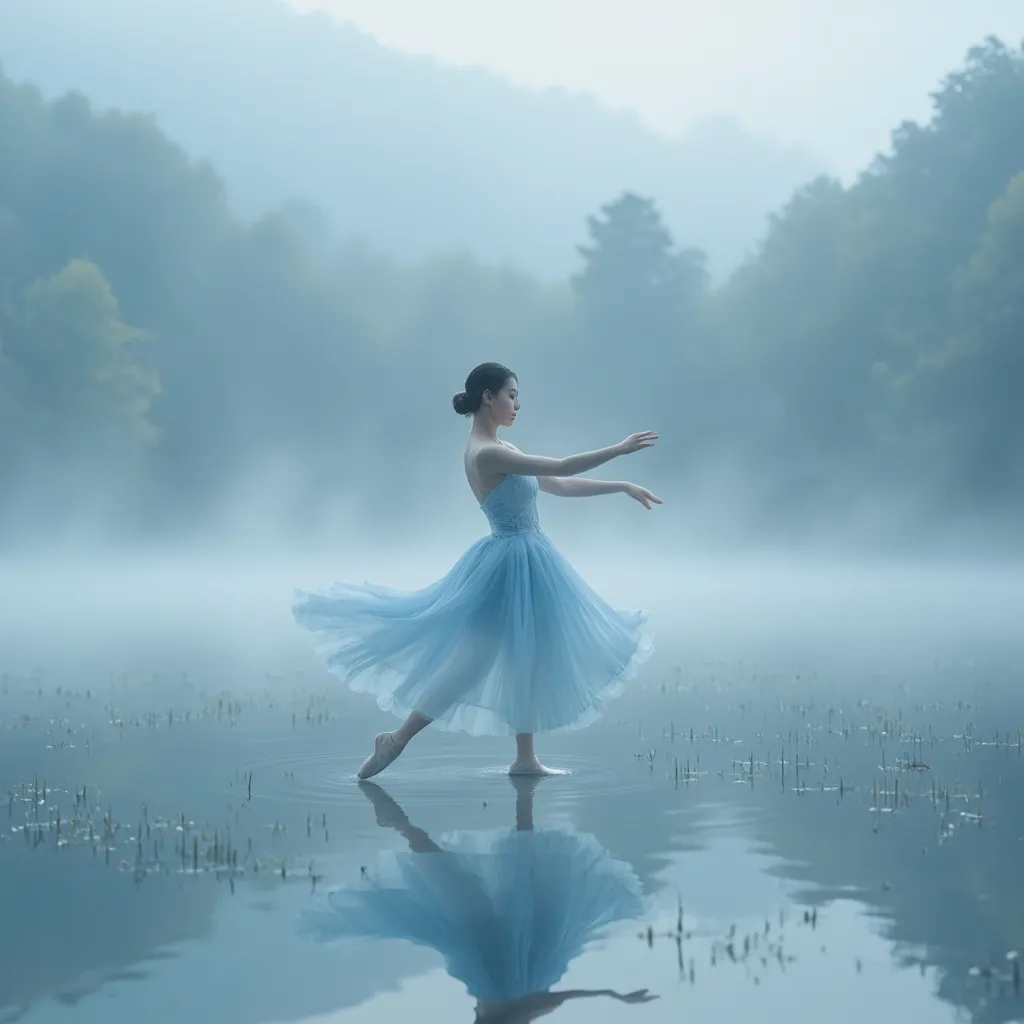 Prompt: A stunningly beautiful Korean woman with a graceful figure, dressed in a light blue sheer of ballet dress , dances lightly in a ballet style (jump-fly-and turn)on the surface of a dreamy lake. Ethereal, romantic light streams through the foggy forest by the lake, creating a cinematic atmosphere, highly detailed, ultra-detailed, UHD 8K resolution, close up shots