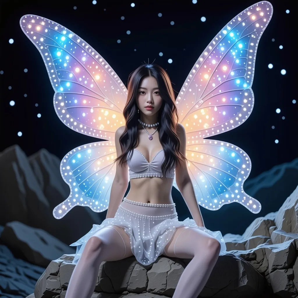 Prompt: fantastic fantasy art, young korean woman with gigantic colourful semi-transparent fairy wings, tight pearly outfit (short skirt, crop-top, belly-baring, decollete), sitting on a rock with spreded wide open legs, arms casually resting on her knees, beaded white decorated stockings, chubby thighs, dark night with a magnificent starry sky in the background, hard spotlight lighting giving the picture a certain drama.
AI defined exquisitely beautiful, totally ultra realistic young adult Korean, gorgeously detailed facial features, sumptuous cleavage, perfect body proportions, ultra pale, ultra glamorous, perfect shading, impeccable contrast, HDR, UHD, high res, 64k