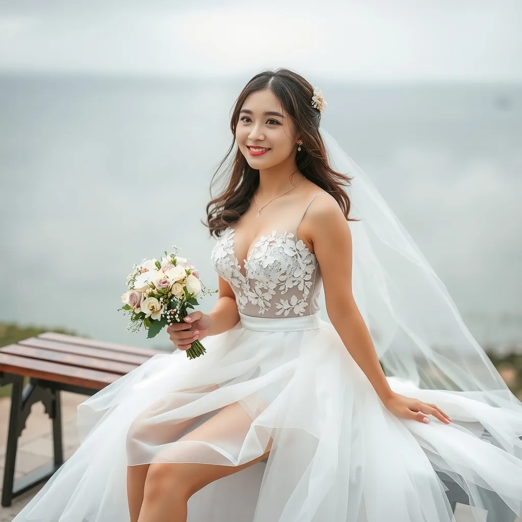 Prompt: Cute and glamorous 20-something Korean woman, very beautiful, baby face
Photoshoot wearing see-through mini wedding dress, garter belt, and high heels
Smiling expression
Outfit that emphasizes glamorous body
Clothing is a bit small
Chest sticks out
Holding a small bouquet in one hand.
Photoshoot on a windy seaside hill.
Skirt and veil blowing in the wind
Sitting on a bench with legs slightly spread
chubby Thighs visible
Wearing a garter belt
splash art, hyper detailed, ultra realistic, highly detailed, surreal heavy mist, AI defined exquisitely beautiful, totally ultra realistic young adult Korean, gorgeously detailed facial features, sumptuous cleavage, perfect body proportions, ultra pale, ultra glamorous, perfect shading, impeccable contrast, HDR, UHD, high res, 64k