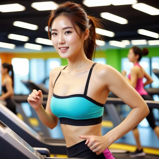 Prompt: A glamorous Korean woman in her 20s running on a treadmill at the gym wearing leggings and a strapless top.