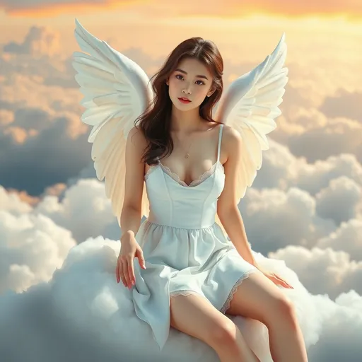 Prompt: A Korean woman angel sitting on a cloud on a sky wearing only a slips, full body, photo, 
visible thighs, hyper detailed, ultra realistic, highly detailed, AI defined exquisitely beautiful, totally ultra realistic young adult Korean, gorgeously detailed facial features, perfect body proportions, ultra pale, ultra glamorous, HDR, UHD, high res, 64k, cinematic lighting, special effects, hd octaneArtgerm
