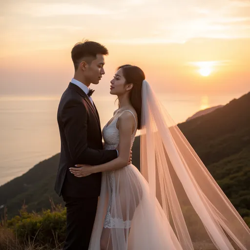 Prompt: Sunset over the sea, sunset, warm feeling,
A Korean groom and bride are having their wedding photoshoot on a windy hill above the sea. 

The groom is holding the bride's waist with one hand.
The groom is wearing a tight-fitting suit.

The bride is wearing a see-through mini wedding dress.
She is wearing stockings, a garter belt, and a veil.
The veil and dress are blowing in the wind.
hyper detailed, ultra realistic, highly detailed, AI defined exquisitely beautiful, totally ultra realistic young adult Korean, gorgeously detailed facial features, perfect body proportions, ultra pale, ultra glamorous, HDR, UHD, high res, 64k, cinematic lighting, special effects, hd octaneArtgerm