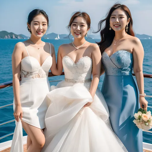 Prompt: A professional photograph of three glamorous and beautiful Korean friends in their 20s with slim bodies and chubby thighs, taking wedding photos on a yacht with a refreshing breeze, blue ocean, and sky in the background. They are standing side by side, smiling broadly. All three women have large chests, highlighting these features prominently. One woman, the bride, is wearing a swimwear-style mini wedding dress with a veil and gathered belt. The other two women are wearing swimwear-style mini dresses with knee-high socks. All three women have cute and attractive facial features and are smiling brightly. The scene is lively and joyful with the wind adding a dynamic touch to their outfits and the yacht creating an elegant atmosphere.