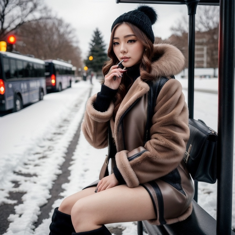 Prompt: A woman touching up her makeup at a bus stop in the cold winter is wearing a short fur jacket, miniskirt, and knee-high long boots.

AI defined exquisitely beautiful, totally ultra realistic young adult Korean, gorgeously detailed facial features,  perfect body proportions, ultra pale, ultra glamorous, perfect shading, impeccable contrast, HDR, UHD, high res, 64k