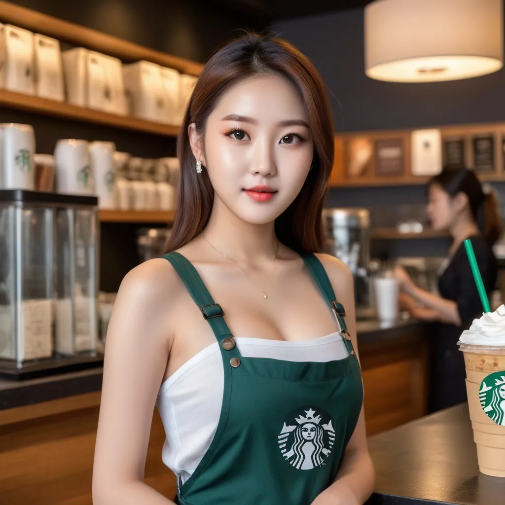 Prompt: Starbucks barista, dazzlingly beautiful face, cute expression, glamorous 20-year-old Korean woman, 
AI defined exquisitely beautiful, totally ultra realistic young adult Korean, gorgeously detailed facial features, sumptuous cleavage, perfect body proportions, ultra pale, ultra glamorous, perfect shading, impeccable contrast, HDR, UHD, high res, 64k