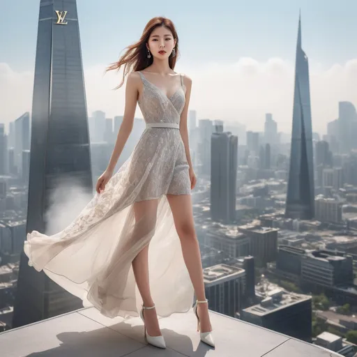 Prompt: korean Louis Vuitton dress model in advertisement, heel pumps, 
She stands on top of a skyscraper and looks out over the city.
Sunny weather, dress blowing in the wind, 

Full body shot, hyper detailed, ultra realistic, highly detailed, surreal heavy mist, AI defined exquisitely beautiful, totally ultra realistic young adult Korean, gorgeously detailed facial features, perfect body proportions, ultra pale, ultra glamorous, perfect shading, impeccable contrast, HDR, UHD, high res, 64k