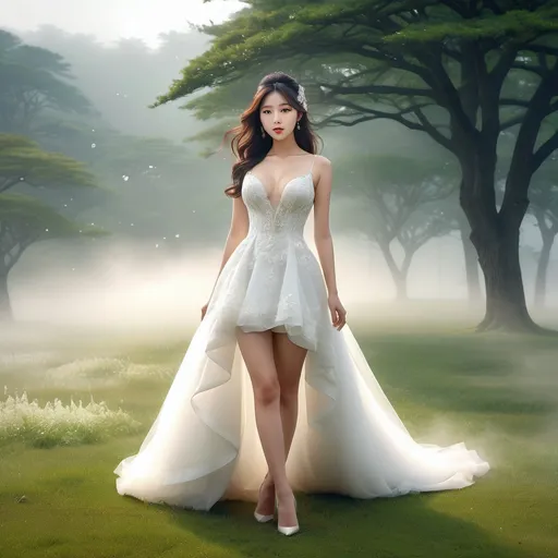 Prompt: full body shot, splash art, hyper detailed, ultra realistic, highly detailed, surreal heavy mist, AI defined exquisitely beautiful, totally ultra realistic young adult Korean, gorgeously detailed facial features, sumptuous cleavage, perfect body proportions, ultra pale, ultra glamorous bride, walking in a swirling fog, micro dress, on the grass, 

perfect shading, impeccable contrast, HDR, UHD, high res, 64k, cinematic lighting, special effects, hd octaneArtgerm, WLOP, dynamic studio quality lighting hyper-detailed, intricately detailed, Splash art, trending on Artstation, triadic colors, Unreal Engine 5 volumetric lighting, unreal engine, octane render.