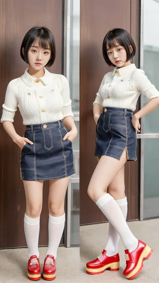 Prompt: 15 year old super cute Korean girl, mini dress, model, model pose, child model, 4K, 8K, high quality, high quality details, raw short hair, bang hair, slender, knee high socks, 5 inch platform flat shoes, chubby thighs, slim body