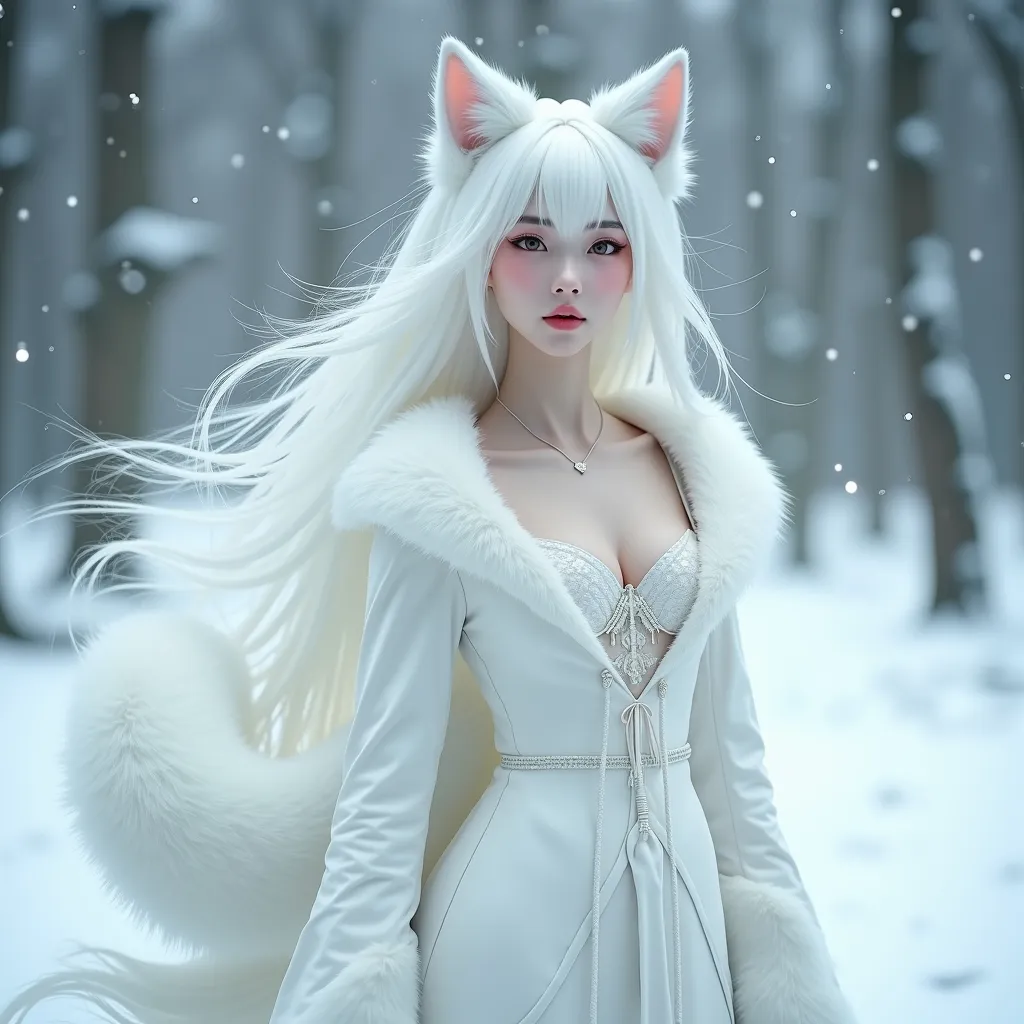 Prompt: Gumiho, human-shaped nine-tailed fox, beautiful appearance, captivating appearance, bewitching expression, dazzlingly beautiful face, pale skin, white hair, white clothes, full body, no shoes, bare feet, side view, nine tails, soft tail hair, shiny tail hair, 
enchanting atmosphere, cold winter day, snow, snow sparkling, 
totally ultra realistic young adult Korean, gorgeously detailed facial features, sumptuous cleavage, perfect body proportions, ultra pale, ultra glamorous, perfect shading, impeccable contrast, HDR, UHD, high res, 64k