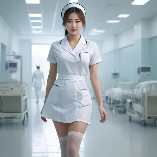 Prompt: splash art, hyper detailed, ultra realistic, highly detailed, surreal heavy mist, Detailed full body depiction, AI defined exquisitely beautiful, totally ultra realistic young adult Korean, gorgeously detailed facial features, sumptuous cleavage, perfect body proportions, ultra pale, ultra glamorous nurse, walking in a hospital, Blouse and stockings, 
HDR, UHD, high res, 64k, hd octaneArtgerm