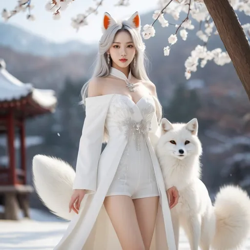 Prompt: Gumiho, human-shaped nine-tailed fox, beautiful appearance, captivating appearance, bewitching expression, dazzlingly beautiful face, pale skin, white hair, white clothes, full body, no shoes, bare feet, 
enchanting atmosphere, cold winter day, snow, snow sparkling, 
totally ultra realistic young adult Korean, gorgeously detailed facial features, sumptuous cleavage, perfect body proportions, ultra pale, ultra glamorous, perfect shading, impeccable contrast, HDR, UHD, high res, 64k