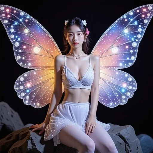 Prompt: fantastic fantasy art, young korean woman with gigantic colourful semi-transparent fairy wings, tight pearly outfit (short skirt, crop-top, belly-baring, decollete), sitting on a rock with spreded wide open legs, arms casually resting on her knees, beaded white decorated stockings, chubby thighs, dark night with a magnificent starry sky in the background, hard spotlight lighting giving the picture a certain drama.
AI defined exquisitely beautiful, totally ultra realistic young adult Korean, gorgeously detailed facial features, sumptuous cleavage, perfect body proportions, ultra pale, ultra glamorous, perfect shading, impeccable contrast, HDR, UHD, high res, 64k