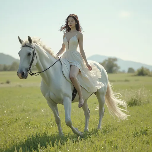 Prompt: Cute 20-something Korean woman riding a horse in a dress.
Dress blowing in the wind, firm abs and thighs, no shoes, horse running through green fields, visible thighs, 
hyper detailed, ultra realistic, highly detailed, AI defined exquisitely beautiful, totally ultra realistic young adult Korean, gorgeously detailed facial features, sumptuous cleavage, perfect body proportions, ultra pale, ultra glamorous, HDR, UHD, high res, 64k, cinematic lighting, special effects, hd octaneArtgerm