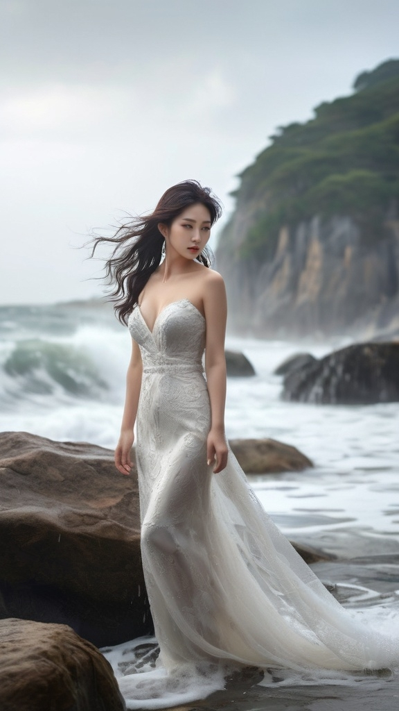 Prompt: A glamorous and beautiful Korean woman in her 30s standing on a rock on the beach with waves crashing down on her, 
She is wearing a mini wedding dress and is soaking wet.
rainy weather, Wet face, Wet hair, water flowing from her body.
full body shot, hyper detailed, ultra realistic, highly detailed, surreal heavy mist, AI defined exquisitely beautiful, totally ultra realistic young adult Korean, gorgeously detailed facial features, sumptuous cleavage, perfect body proportions, ultra pale, ultra glamorous, perfect shading, impeccable contrast, HDR, UHD, high res, 64k