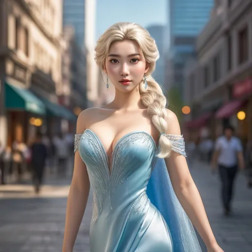 Prompt: Full body shot of Elsa wearing, in the city
AI defined exquisitely beautiful, totally ultra realistic young adult Korean, gorgeously detailed facial features, sumptuous cleavage, perfect body proportions, ultra pale, ultra glamorous, perfect shading, impeccable contrast, HDR, UHD, high res, 64k