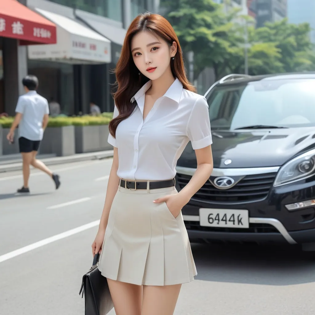 Prompt: In the hot summer, women at work wear short-sleeved blouses, miniskirts, and ankle boots.

AI defined exquisitely beautiful, totally ultra realistic young adult Korean, gorgeously detailed facial features,  perfect body proportions, ultra pale, ultra glamorous, perfect shading, impeccable contrast, HDR, UHD, high res, 64k