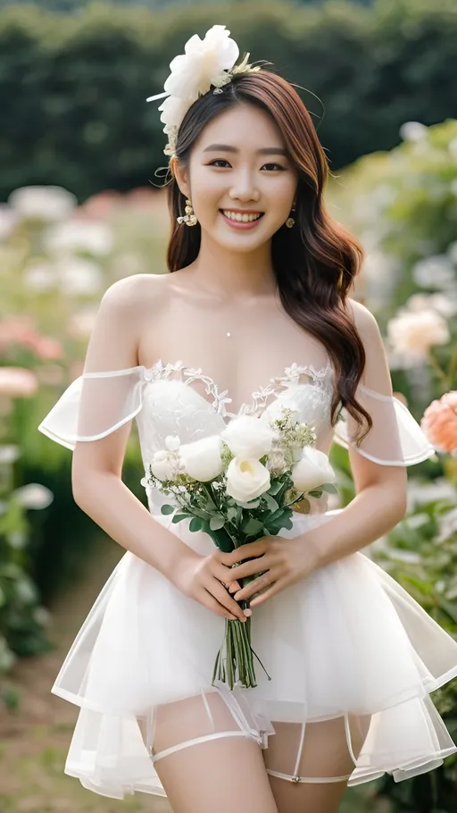 Prompt: Cute and glamorous 20-something Korean woman, very beautiful, baby face
Photoshoot wearing see-through mini wedding dress, garter belt, and high heels
Smiling expression
Outfit that emphasizes glamorous body
Clothing is a bit small
Chest sticks out
Holding a small bouquet in one hand.
A dazzlingly beautiful Korean woman in her 20s taking off her wedding dress in a flower garden.
Thighs visible
Wearing a garter belt
splash art, hyper detailed, ultra realistic, highly detailed, surreal heavy mist, AI defined exquisitely beautiful, totally ultra realistic young adult Korean, gorgeously detailed facial features, sumptuous cleavage, perfect body proportions, ultra pale, ultra glamorous, perfect shading, impeccable contrast, HDR, UHD, high res, 64k