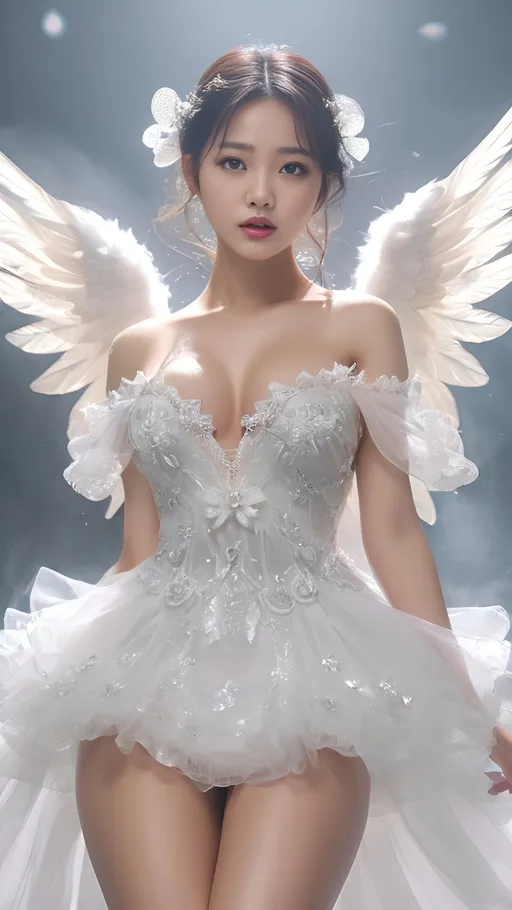 Prompt: Cute and glamorous angel, very beautiful, baby face
Thighs visible
Wearing a dress
splash art, hyper detailed, ultra realistic, highly detailed, surreal heavy mist, AI defined exquisitely beautiful, totally ultra realistic young adult Korean, gorgeously detailed facial features, sumptuous cleavage, perfect body proportions, ultra pale, ultra glamorous, perfect shading, impeccable contrast, HDR, UHD, high res, 64k