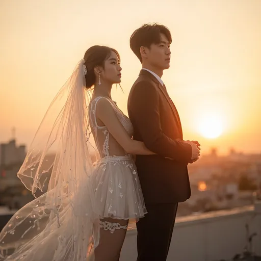 Prompt: Sunset on the rooftop, sunset, warm feeling,
A Korean groom and bride are having their wedding photoshoot on a windy rooftop. 

The groom is holding the bride's hip with one hand.
The groom is wearing a tight-fitting suit.

The bride is wearing a see-through mini wedding dress.
She is wearing stockings, a garter belt, and a veil.
The veil and dress are blowing in the wind.
hyper detailed, ultra realistic, highly detailed, AI defined exquisitely beautiful, totally ultra realistic young adult Korean, gorgeously detailed facial features, perfect body proportions, ultra pale, ultra glamorous, HDR, UHD, high res, 64k, cinematic lighting, special effects, hd octaneArtgerm