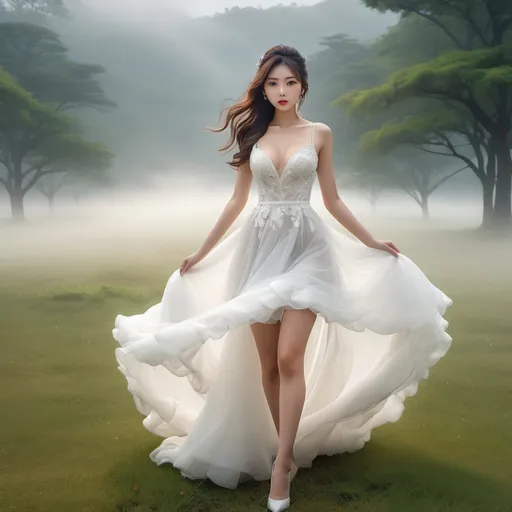 Prompt: full body shot, splash art, hyper detailed, ultra realistic, highly detailed, surreal heavy mist, AI defined exquisitely beautiful, totally ultra realistic young adult Korean, gorgeously detailed facial features, sumptuous cleavage, perfect body proportions, ultra pale, ultra glamorous bride, walking in a swirling fog, micro dress, on the grass, 

perfect shading, impeccable contrast, HDR, UHD, high res, 64k, cinematic lighting, special effects, hd octaneArtgerm, WLOP, dynamic studio quality lighting hyper-detailed, intricately detailed, Splash art, trending on Artstation, triadic colors, Unreal Engine 5 volumetric lighting, unreal engine, octane render.