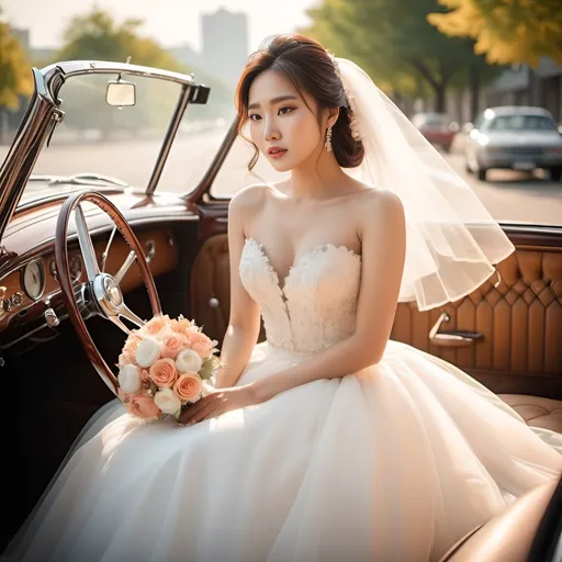 Prompt: A dazzlingly beautiful Korean woman in her 20s taking off her wedding dress in a classic car.