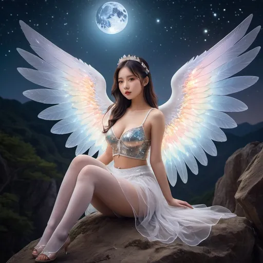 Prompt: fantastic fantasy art, young korean woman with gigantic colourful semi-transparent angel wings, tight pearly outfit (short skirt, crop-top, belly-baring, decollete), sitting on a rock with spreded wide open legs, arms casually resting on her knees, beaded white decorated stockings, chubby thighs, dark night with a magnificent starry sky in the background, hard spotlight lighting giving the picture a certain drama.
AI defined exquisitely beautiful, totally ultra realistic young adult Korean, gorgeously detailed facial features, sumptuous cleavage, perfect body proportions, ultra pale, ultra glamorous, chubby, fat, perfect shading, impeccable contrast, HDR, UHD, high res, 64k