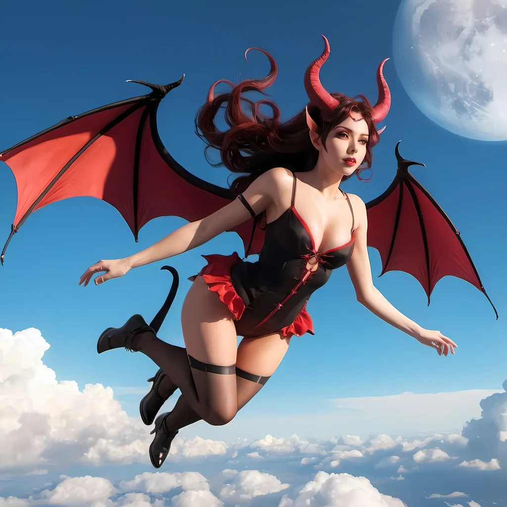 Prompt: A succubus in the form of a woman in her 20s flying in the sky