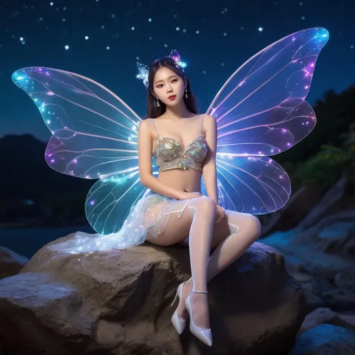 Prompt: fantastic fantasy art, young korean woman with gigantic colourful semi-transparent fairy wings, tight pearly outfit (short skirt, crop-top, belly-baring, decollete), sitting on a rock with spreded wide open legs, arms casually resting on her knees, beaded white decorated stockings, chubby thighs, dark night with a magnificent starry sky in the background, hard spotlight lighting giving the picture a certain drama.
AI defined exquisitely beautiful, totally ultra realistic young adult Korean, gorgeously detailed facial features, sumptuous cleavage, perfect body proportions, ultra pale, ultra glamorous, perfect shading, impeccable contrast, HDR, UHD, high res, 64k