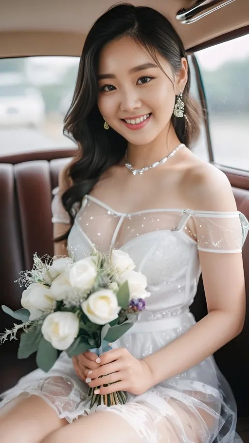 Prompt: Cute and glamorous 20-something Korean woman, very beautiful, baby face
Photoshoot wearing see-through mini wedding dress, garter belt, and high heels
Smiling expression
Outfit that emphasizes glamorous body
Clothing is a bit small
Chest sticks out
Holding a small bouquet in one hand.
A dazzlingly beautiful Korean woman in her 20s taking off her wedding dress in a classic car.
Thighs visible
Wearing a garter belt
splash art, hyper detailed, ultra realistic, highly detailed, surreal heavy mist, AI defined exquisitely beautiful, totally ultra realistic young adult Korean, gorgeously detailed facial features, sumptuous cleavage, perfect body proportions, ultra pale, ultra glamorous, perfect shading, impeccable contrast, HDR, UHD, high res, 64k